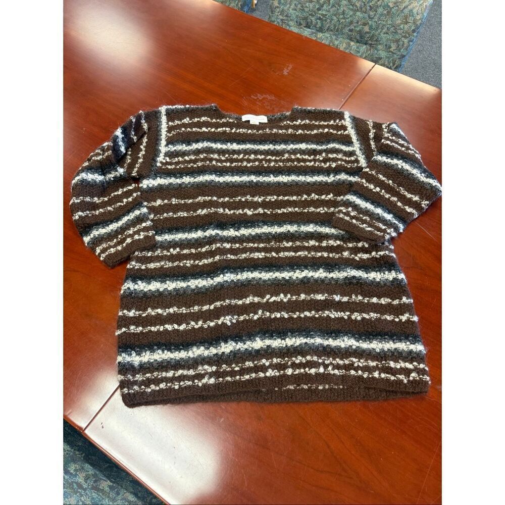 Hand Knit For Jones New York Sport Brown & Cream Stripe Crew Neck Sweater sz M E